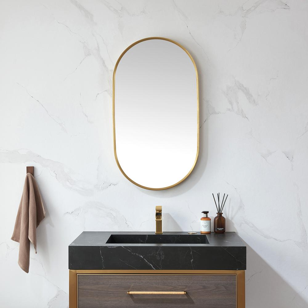 Miajadas 20 in. W x 36 in. H Oval Metal Wall Mirror in Brushed Gold. Picture 3