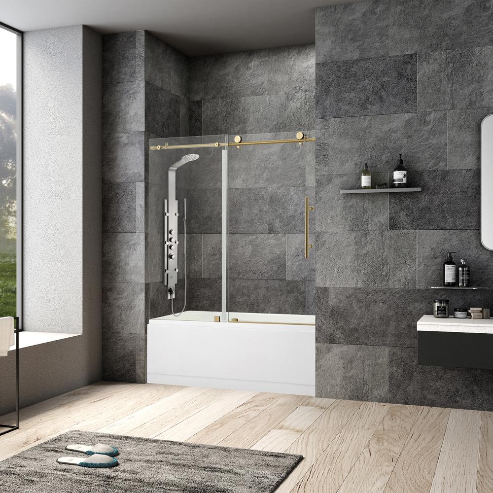 Villena 60" W x 58" H Single Sliding Frameless Tub Door in Brushed Gold. Picture 10