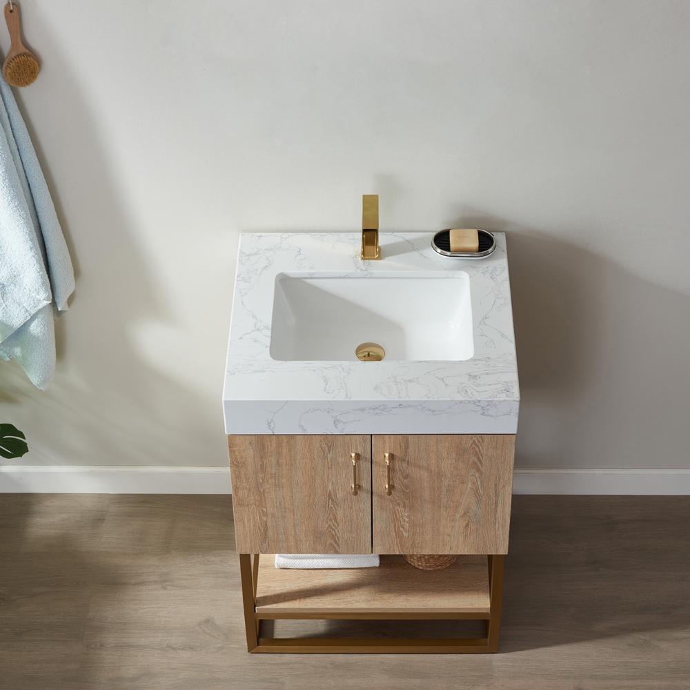 24" Single Vanity with White Grain Stone Countertop Without Mirror. Picture 4