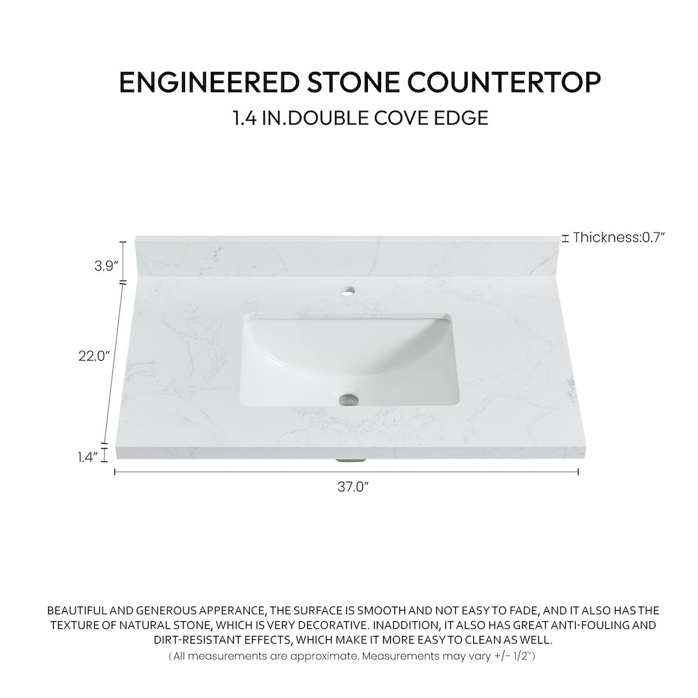 Composite Stone Vanity Top in Grain White with White Rectangular Single Sink. Picture 3