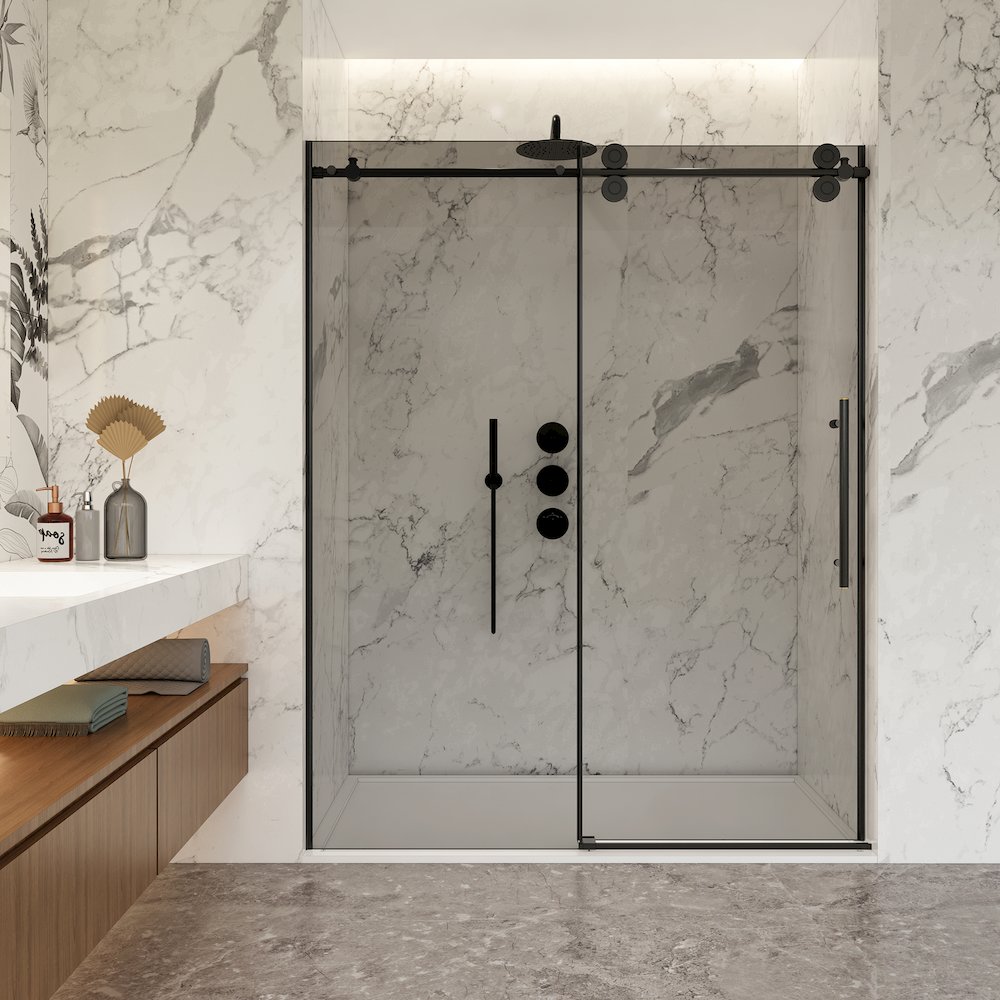 Echarri 64" W x 78" H Single Sliding Frameless Shower Door in Matte Black. Picture 3
