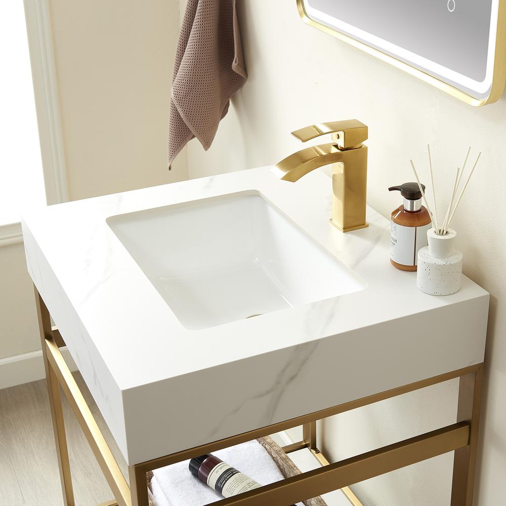 Single Sink Bath Vanity Metal Support with White Sintered Stone Top and Mirror. Picture 6