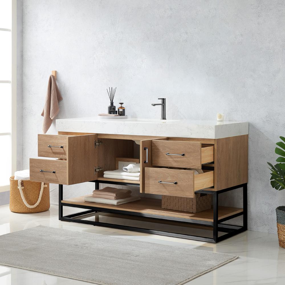 60BS" Single Sink Bath Vanity with White Grain Stone Countertop. Picture 6