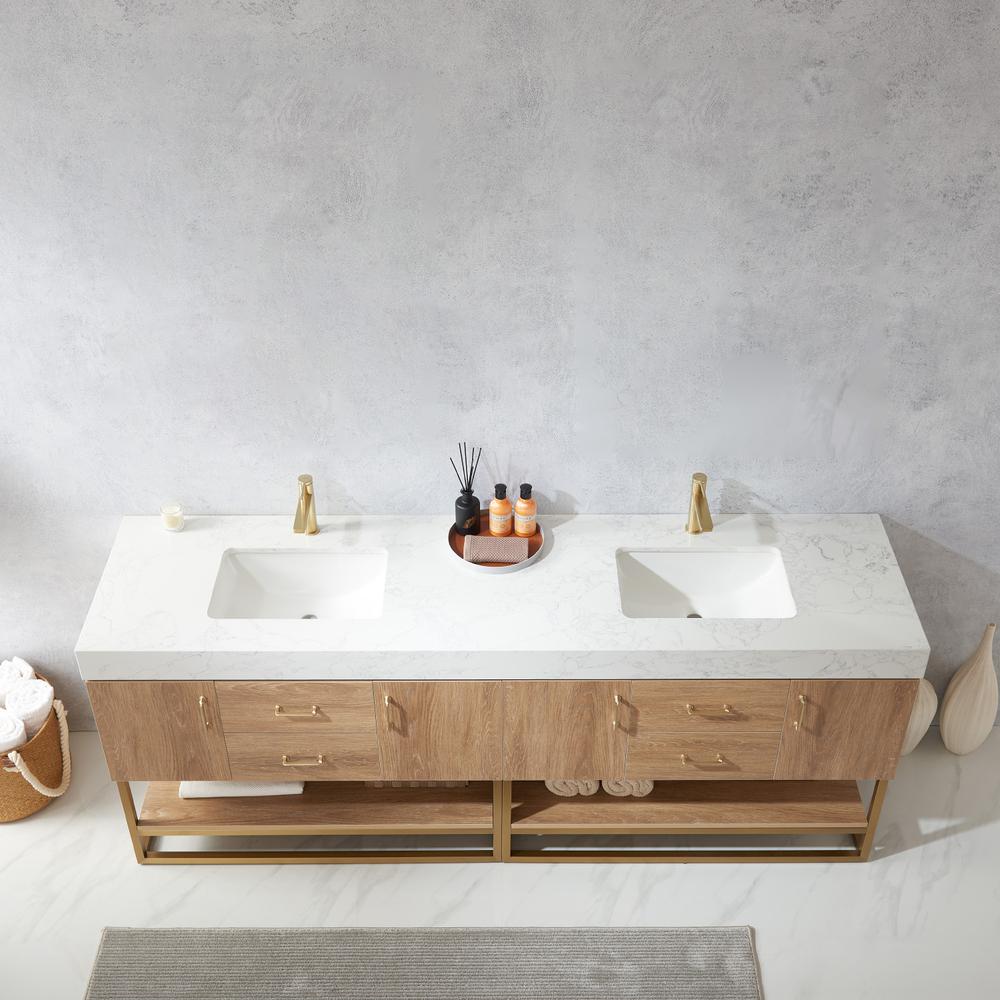 84" Double Sink Bath Vanity with White Grain Stone Countertop. Picture 5