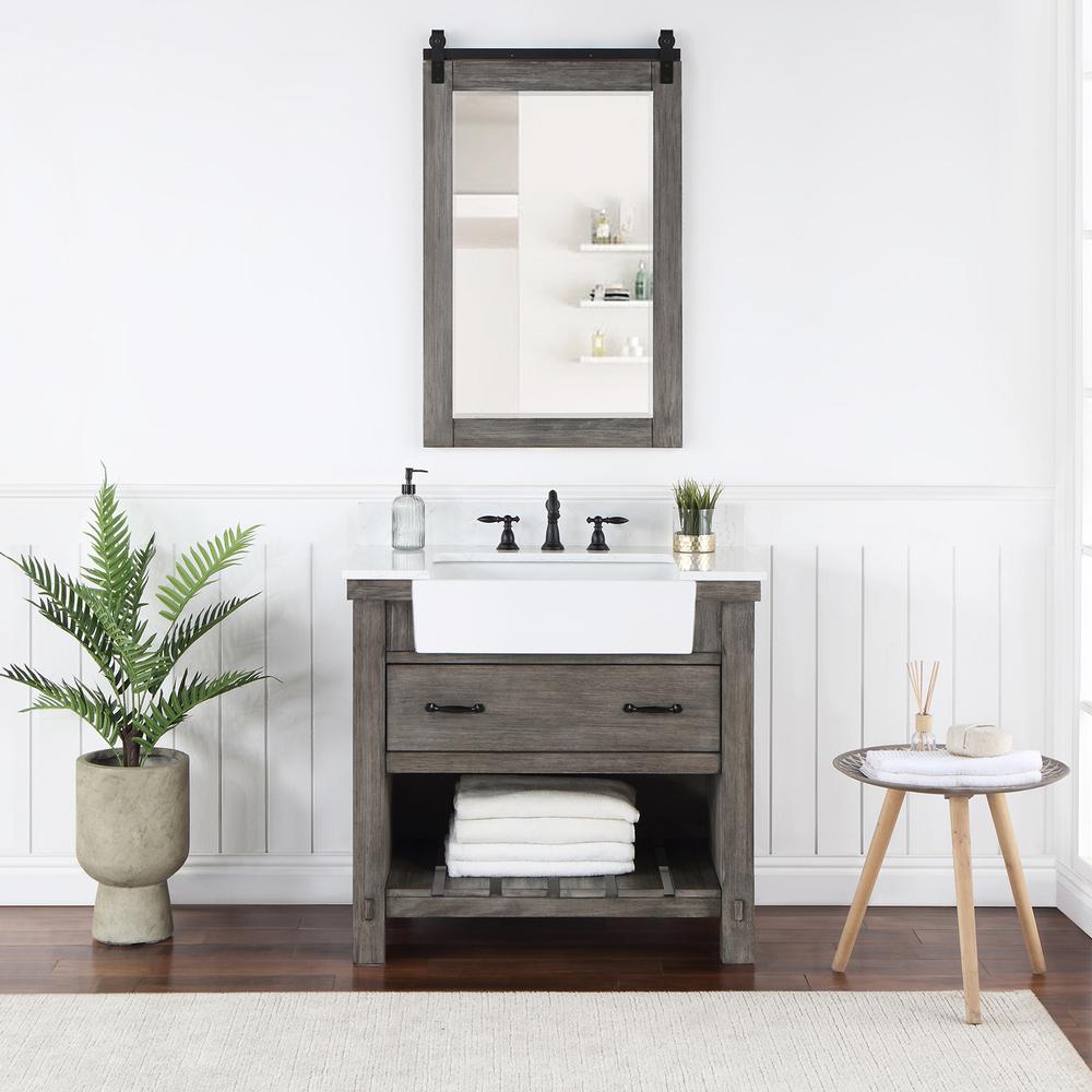 Single Bath Vanity with Composite Stone Top, White Farmhouse Basin and Mirror. Picture 4