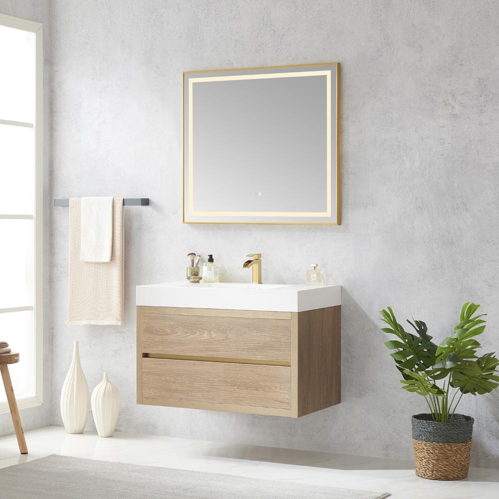 Single Sink Wall-Mount Bath Vanity Composite Integral Square Sink Top, Mirror. Picture 4