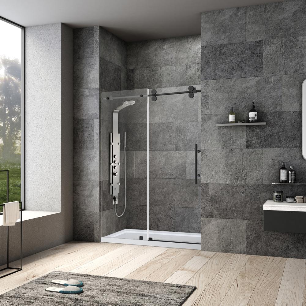 Villena 60" W x 78" H Single Sliding Frameless Shower Door in Matte Black. Picture 14