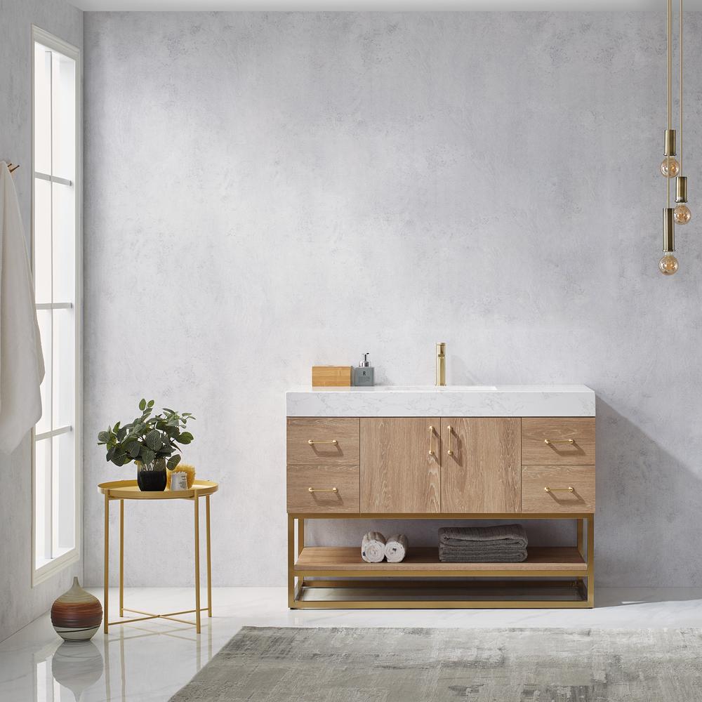 48" Single Vanity with White Grain Stone Countertop Without Mirror. Picture 3