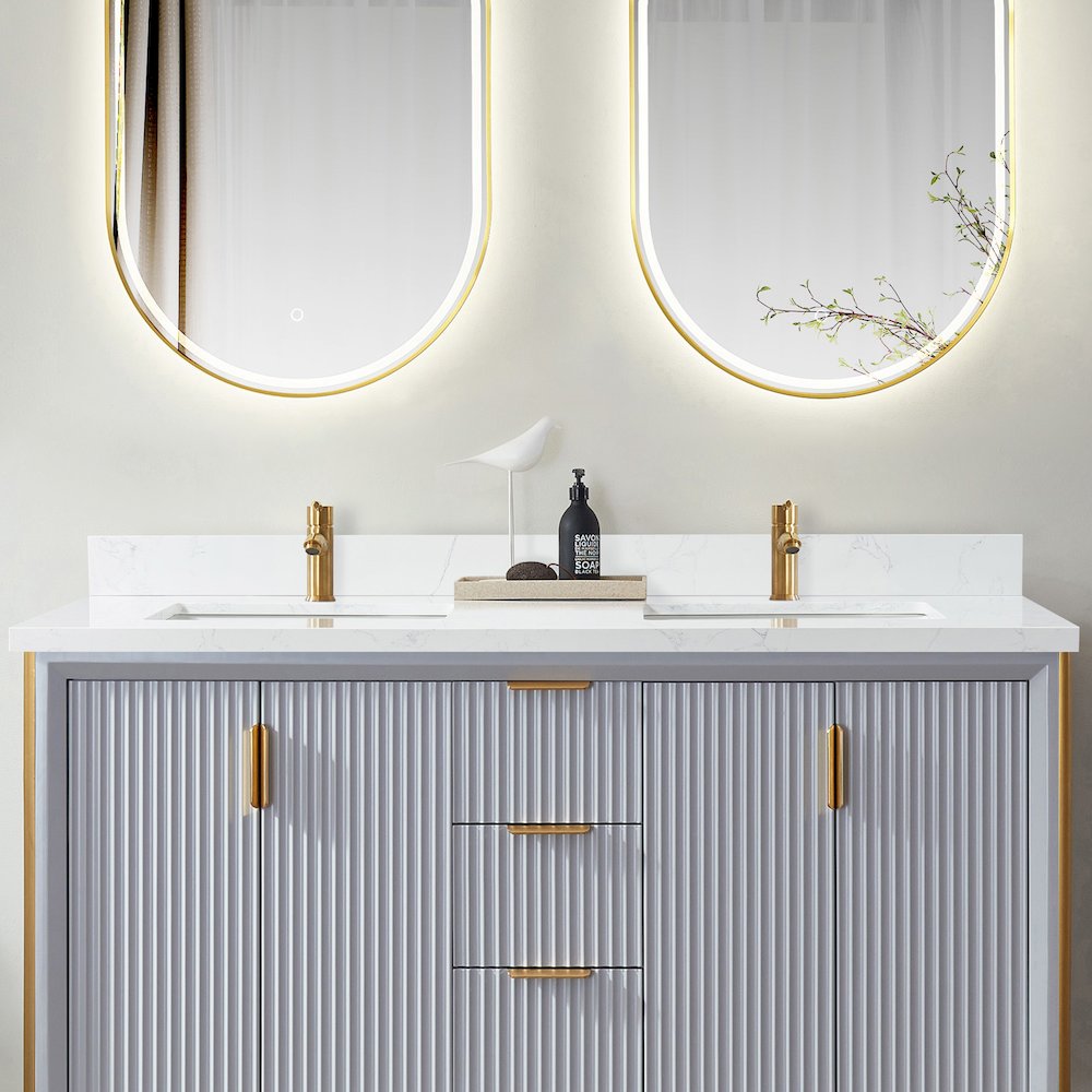Composite Stone Vanity Top in Grain White with White Rectangular Double Sink. Picture 5