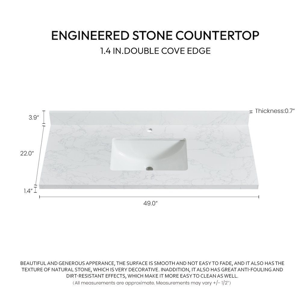 Composite Stone Vanity Top in Grain White with White Rectangular Single Sink. Picture 3