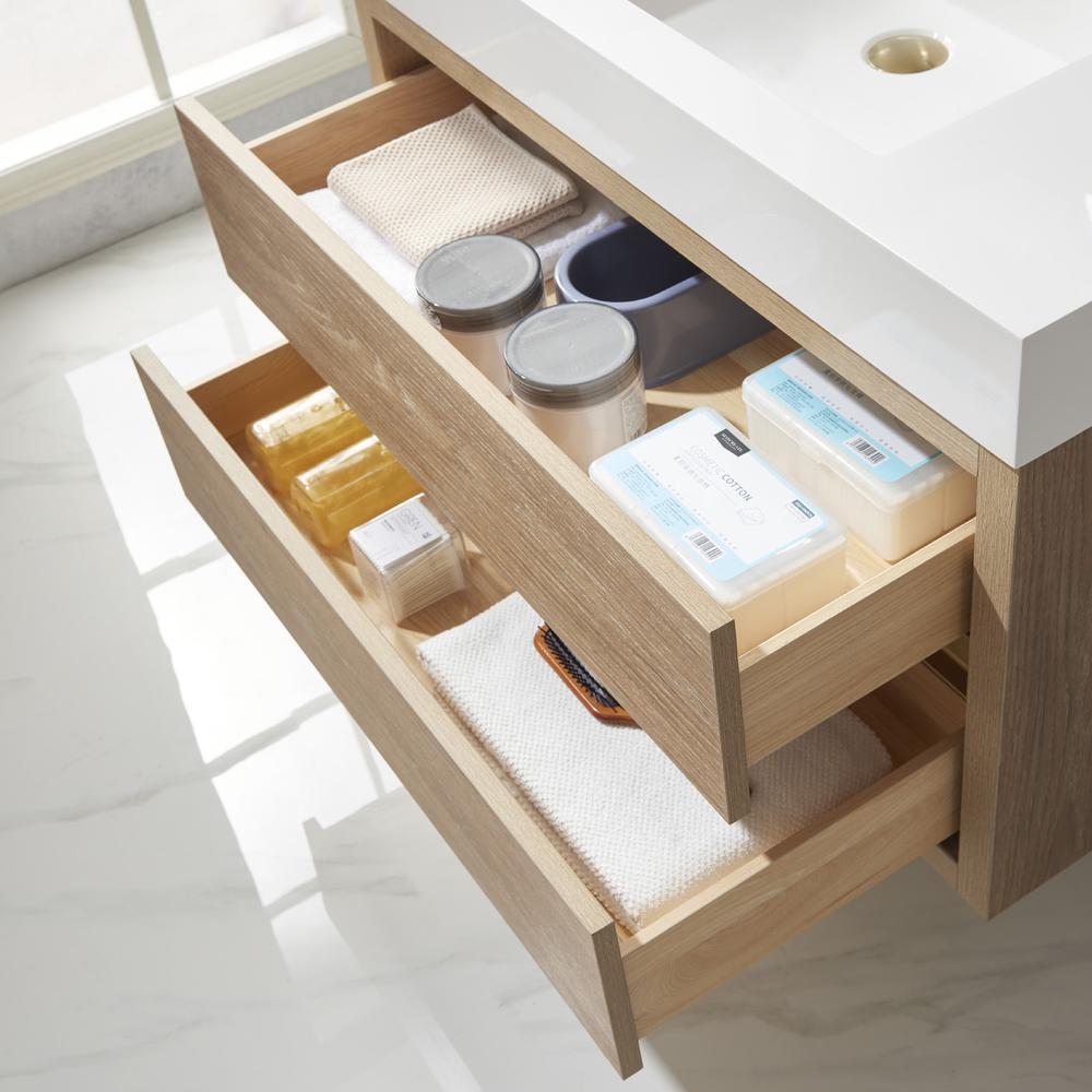 Single Sink Wall-Mount Bath Vanity Composite Integral Square Sink Top, Mirror. Picture 8