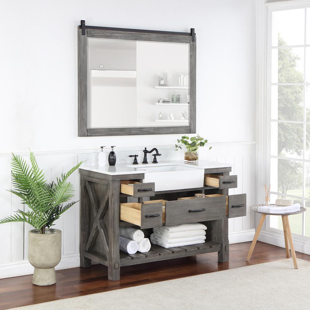 Single Bath Vanity with Composite Stone Top, White Farmhouse Basin and Mirror. Picture 5
