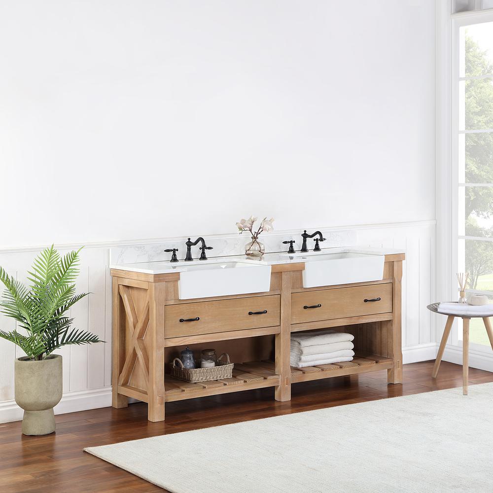 Double Bath Vanity with Composite Stone Top, White Farmhouse Basin. Picture 14