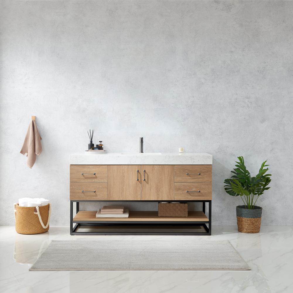 60BS" Single Sink Bath Vanity with White Grain Stone Countertop. Picture 11