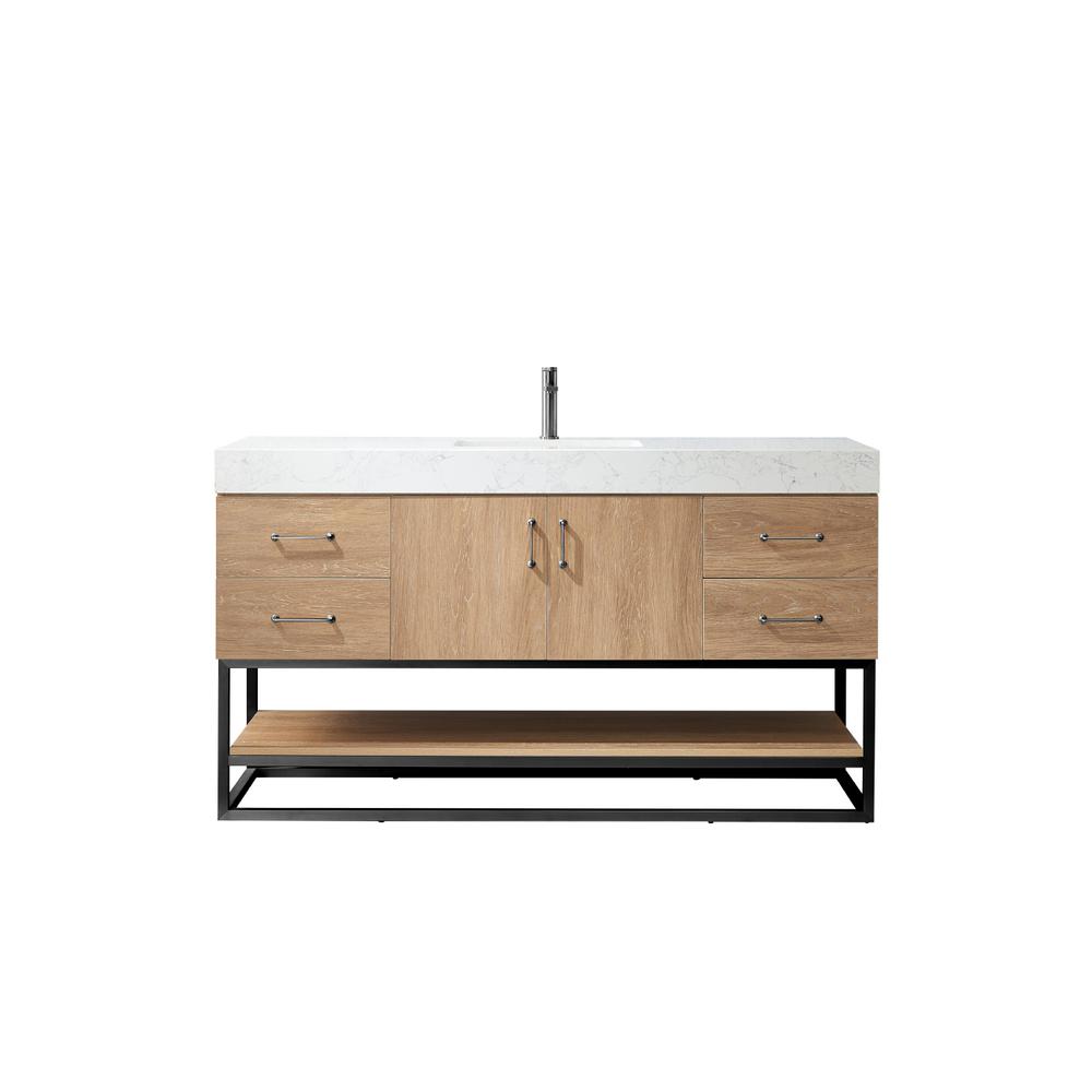 60BS" Single Sink Bath Vanity with White Grain Stone Countertop. Picture 1