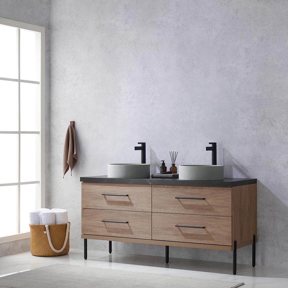 Double Sink Bath Vanity with Black Sintered Stone Top with Concrete Sink. Picture 14