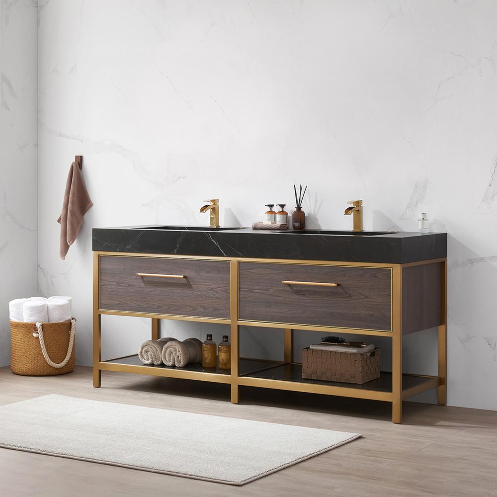 Double Sink Bath Vanity with Black Sintered Stone Top. Picture 5