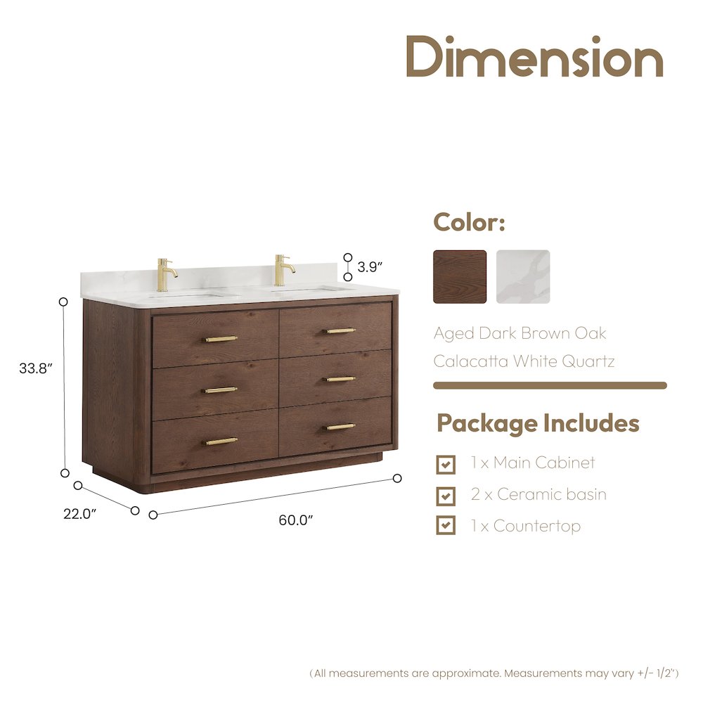 Porto 60M" Free-standing Double Bath Vanity in Aged Dark Brown Oak. Picture 14