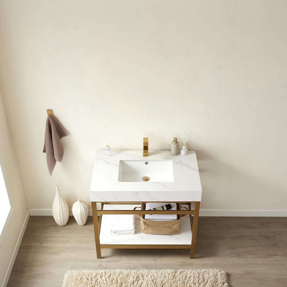 Single Sink Bath Vanity Metal Support with White Sintered Stone Top. Picture 5