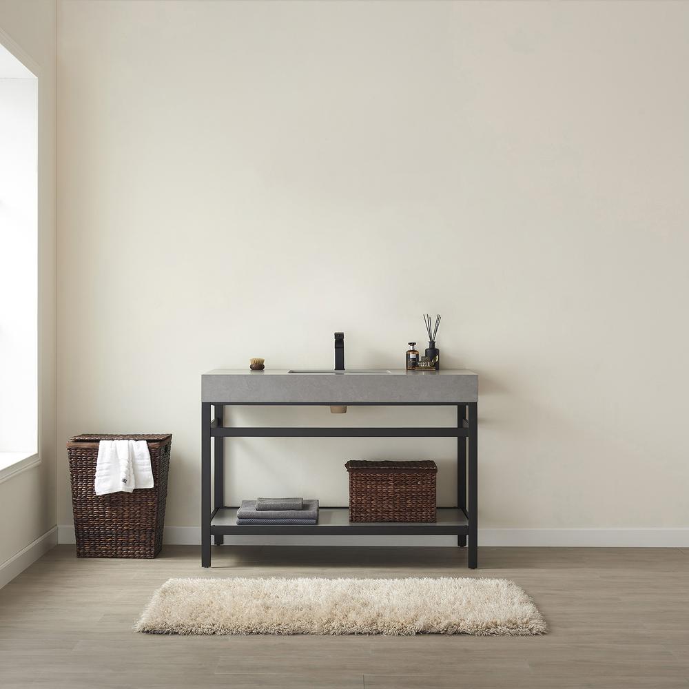 Single Sink Bath Vanity Metal Support with Grey Sintered Stone Top. Picture 3