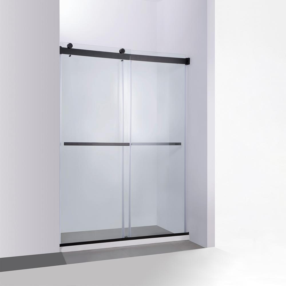 Spezia 56" W x 76" H Double Sliding Frameless Shower Door in Matte Black. Picture 1