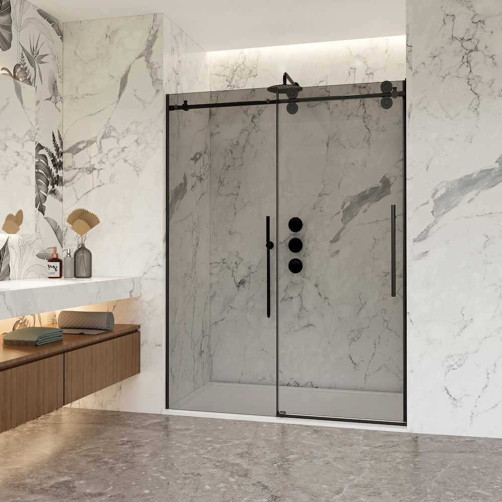 Echarri 56" W x 78" H Single Sliding Frameless Shower Door in Matte Black. Picture 5