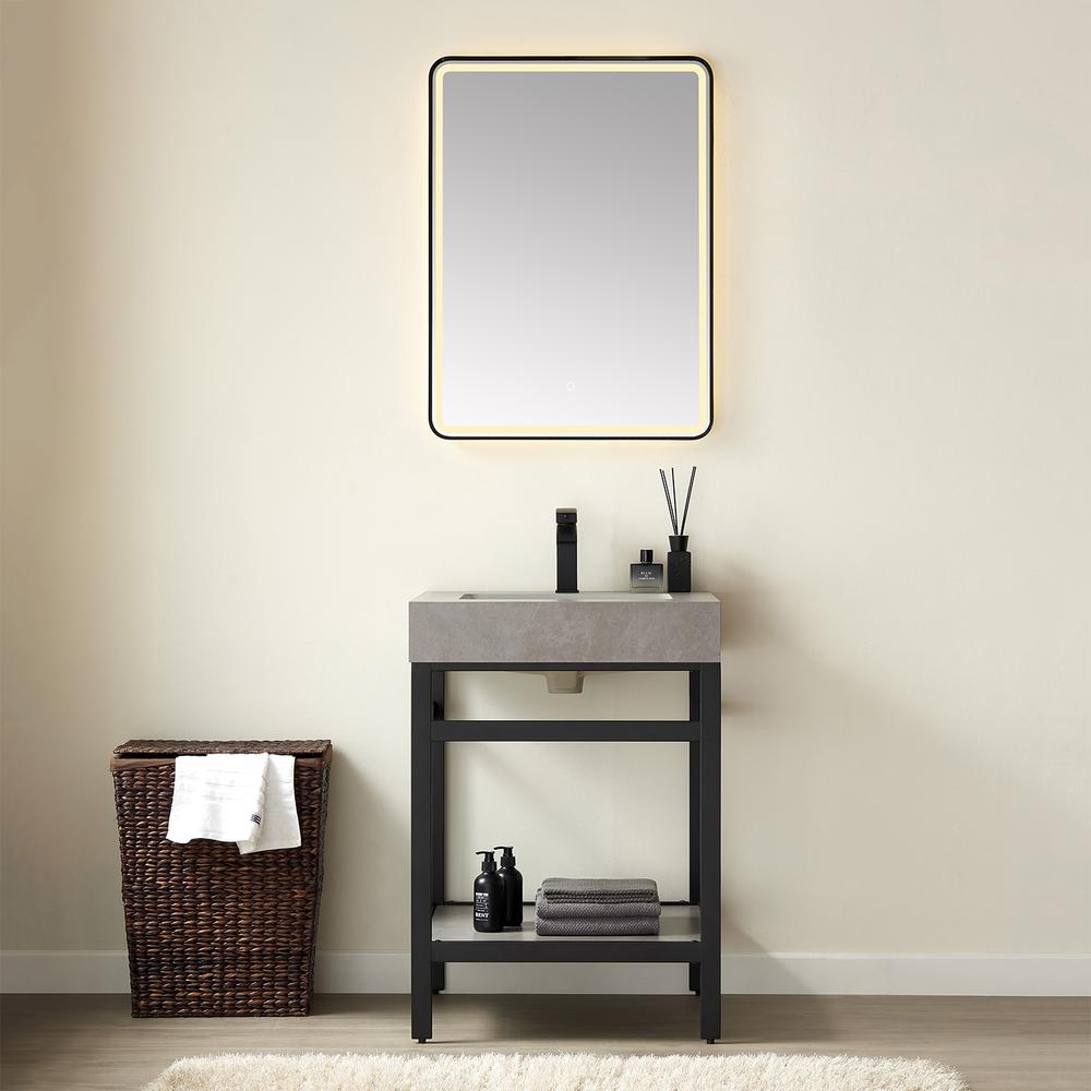 Single Sink Bath Vanity Metal Support with Grey Sintered Stone Top and Mirror. Picture 4