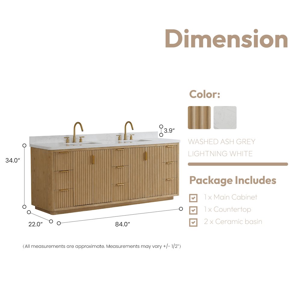 Cádiz 84in. Free-standing Double Bathroom Vanity in Washed Ash Grey. Picture 18