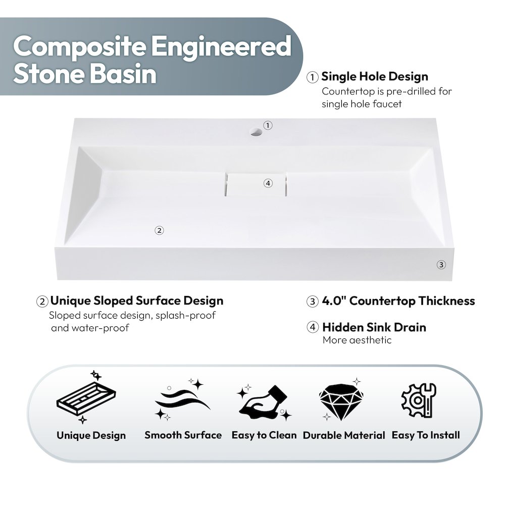Rectangular White Finish Composite Granite Stone Console Bathroom Vanity Sink. Picture 9