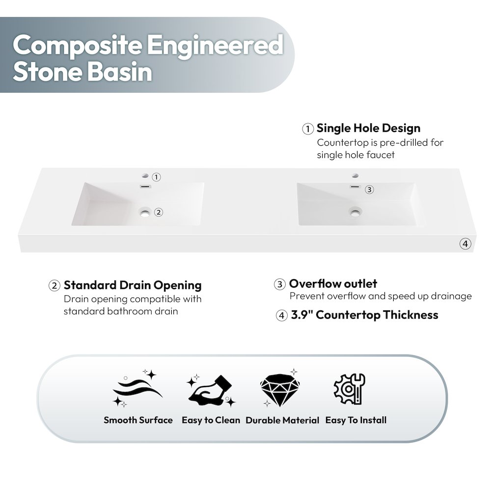 Rectangular White Finish Composite Granite Stone Console Bathroom Vanity Sink. Picture 6