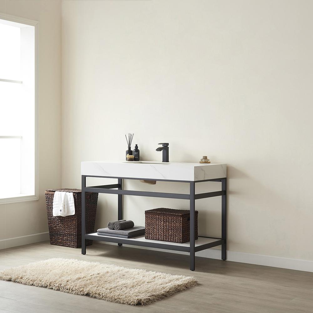 Single Sink Bath Vanity Metal Support with White Sintered Stone Top. Picture 5