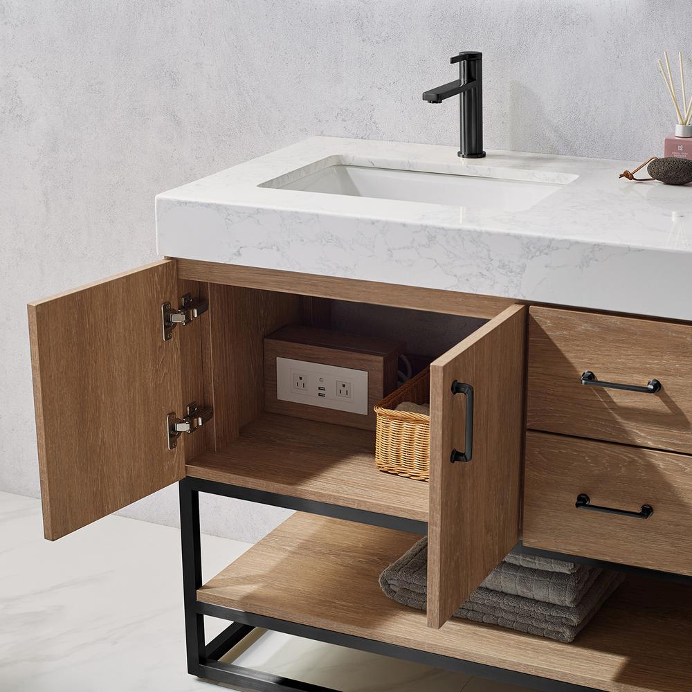60B" Double Vanity with White Grain Stone Countertop With Mirror. Picture 6