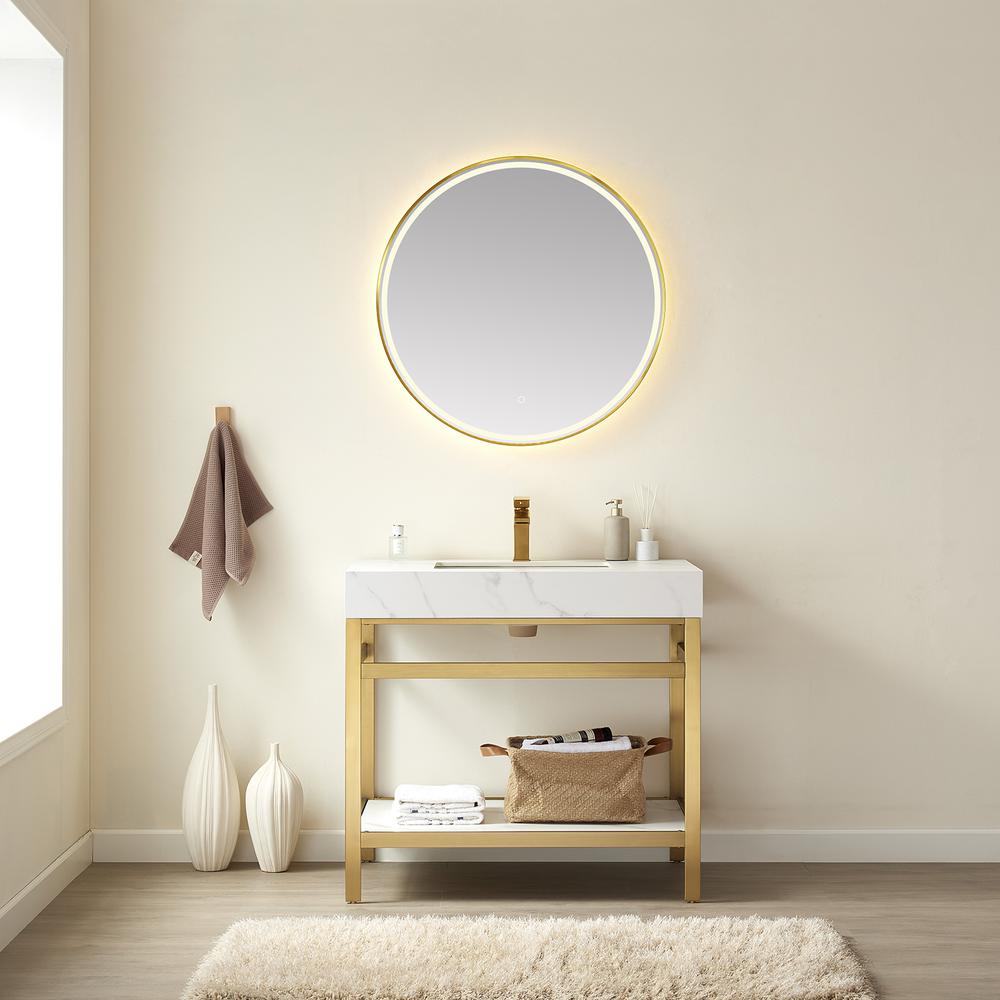 Single Sink Bath Vanity Metal Support with White Sintered Stone Top and Mirror. Picture 4