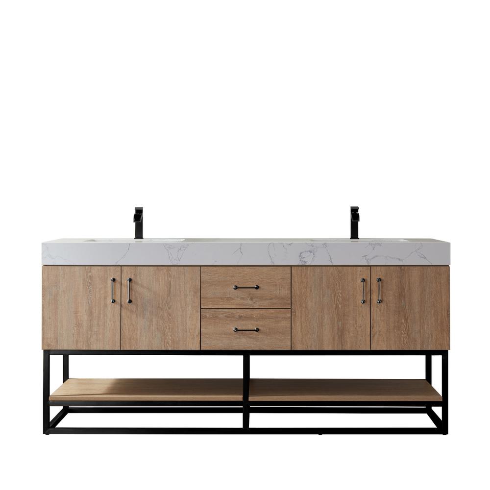 72B" Double Vanity with White Grain Stone Countertop Without Mirror. Picture 1