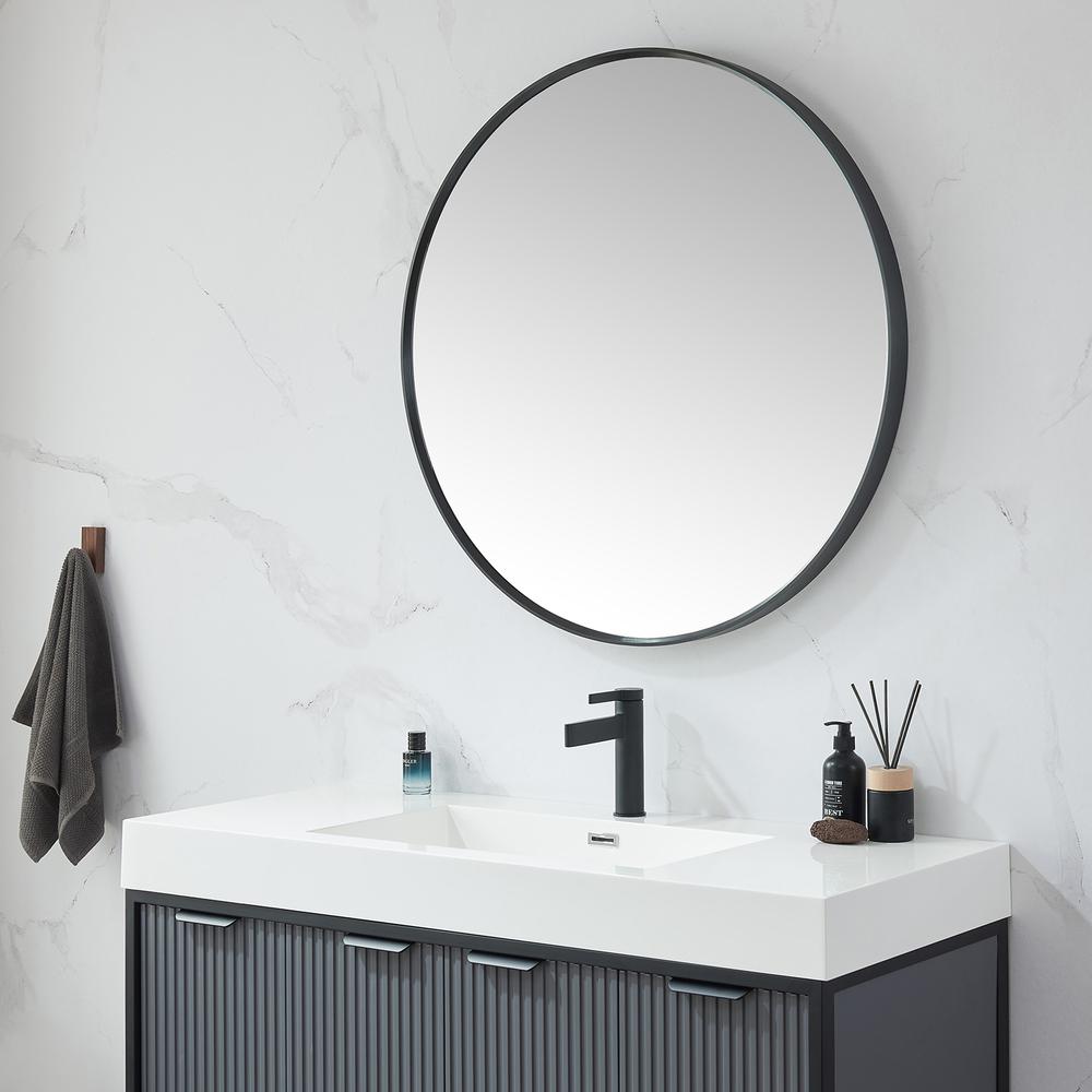 Cascante 35.4 in. W x 35.4 in. H Round Metal Wall Mirror in Brushed Black. Picture 3