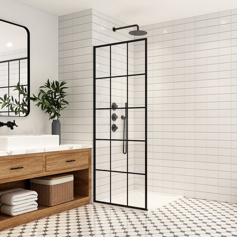 Puente 34" W x 78" H Fixed Single Panel Frameless Shower Door in Matte Black. Picture 5