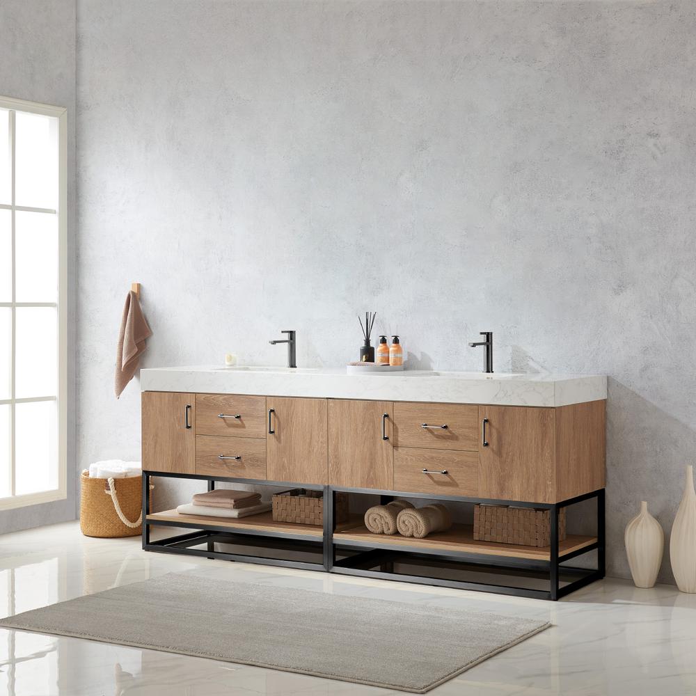 84B" Double Sink Bath Vanity with White Grain Stone Countertop. Picture 12