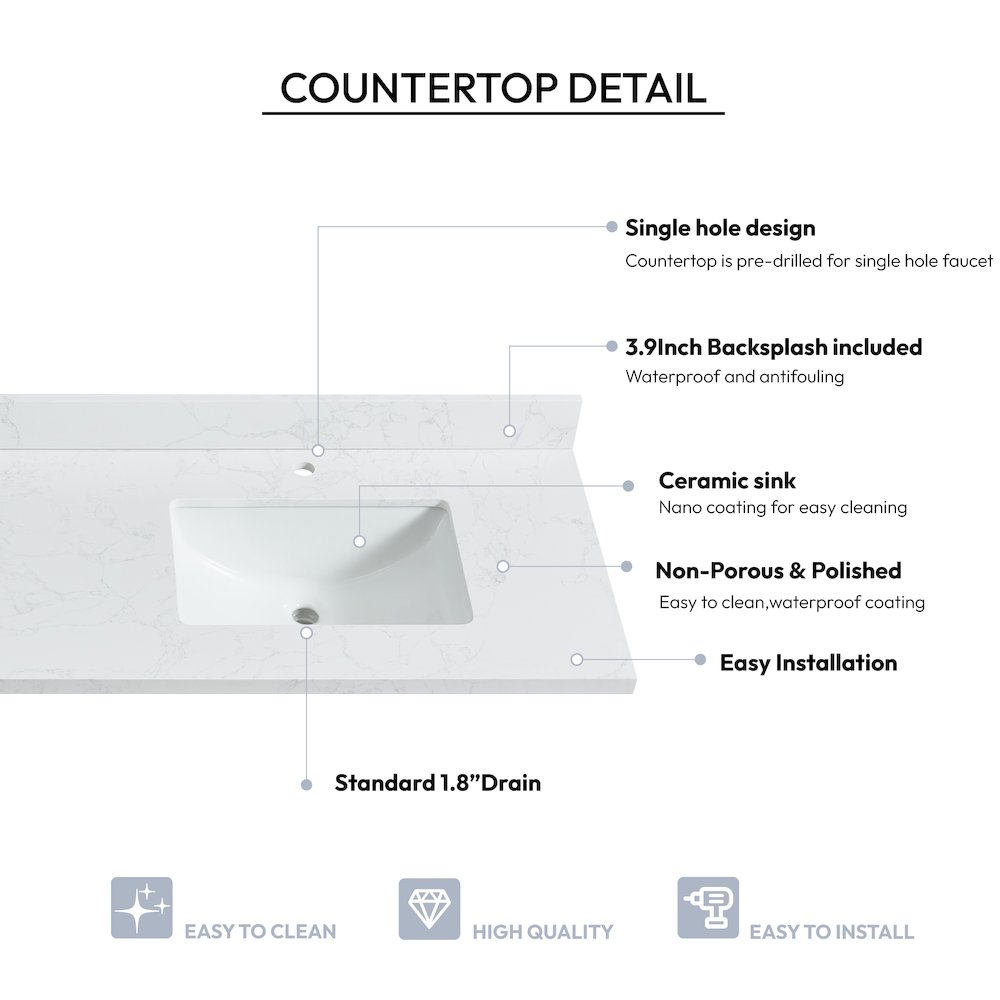 Composite Stone Vanity Top in Grain White with White Rectangular Double Sink. Picture 4