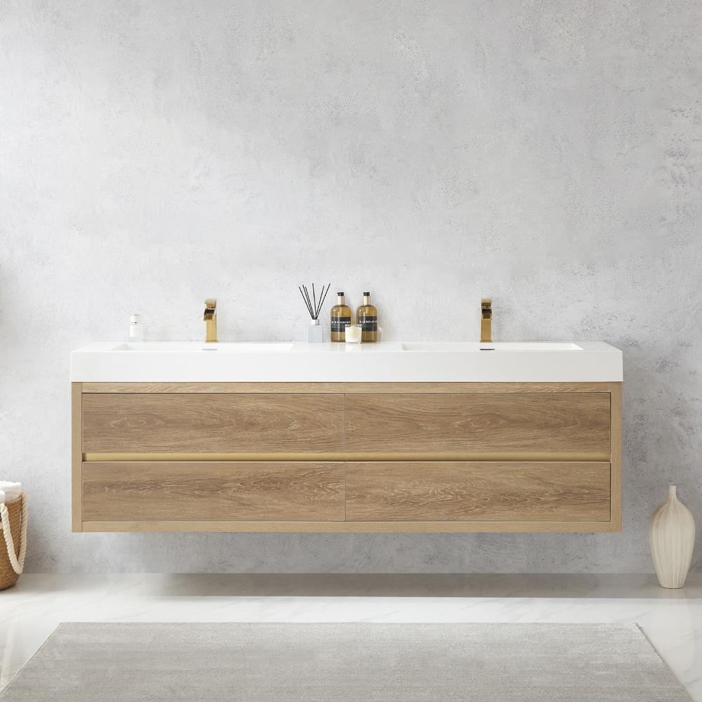 Double Sink Wall-Mount Bath Vanity with Composite Integral Square Sink Top. Picture 3