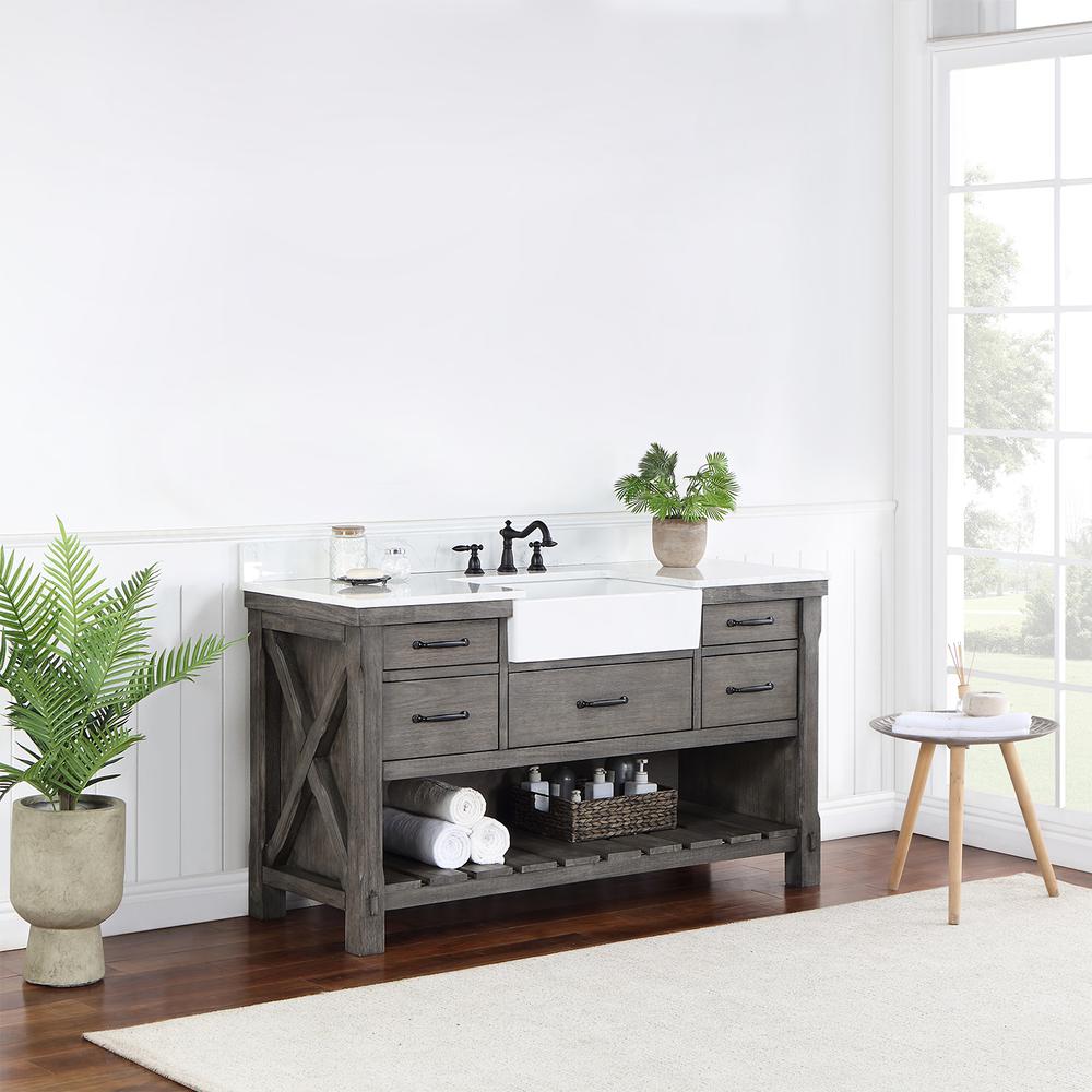 Single Bath Vanity with Composite Stone Top, White Farmhouse Basin. Picture 14