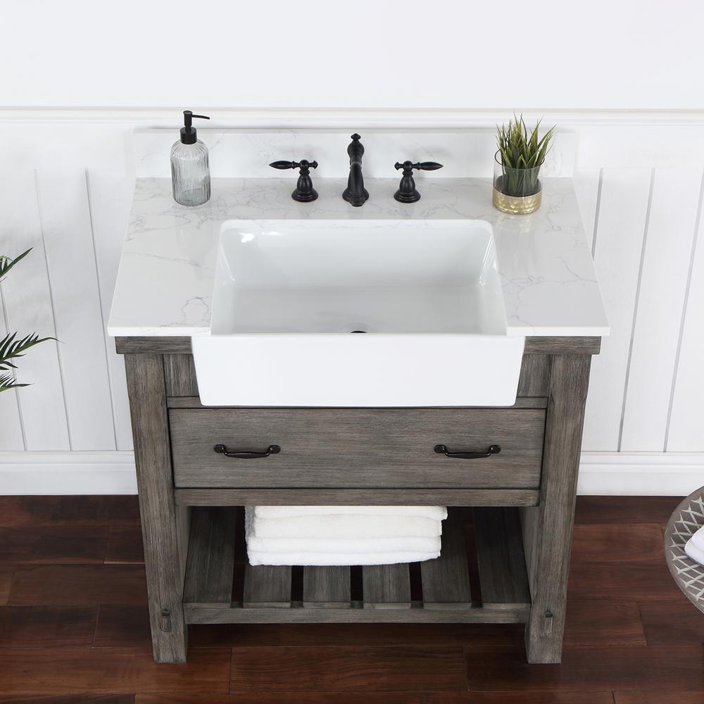 Single Bath Vanity with Composite Stone Top, White Farmhouse Basin. Picture 7