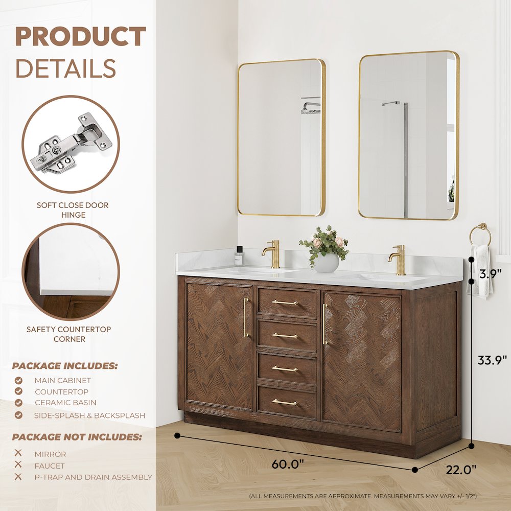 Jakarta 60M" Freestanding Double Bath Vanity in Aged Dark Brown Oak. Picture 17