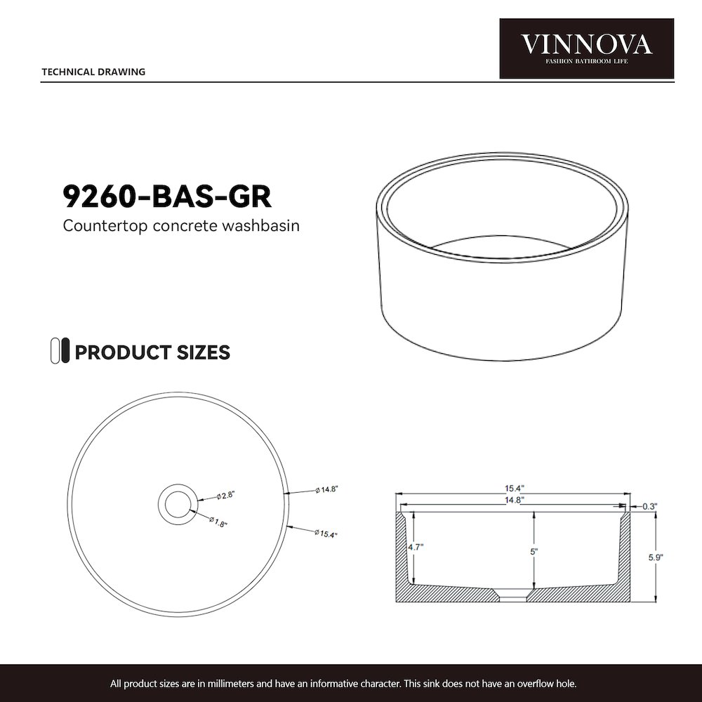 Vinnova Almonte Grey Concrete Circular Vessel Bathroom Sink. Picture 7