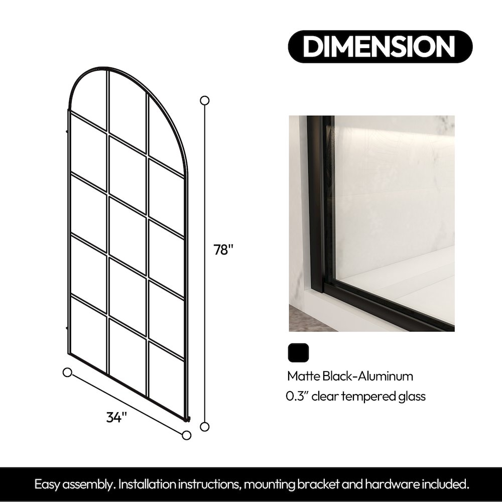 Aranaz 34" W x 78" H Fixed Single Panel Frameless Shower Door in Matte Black. Picture 10