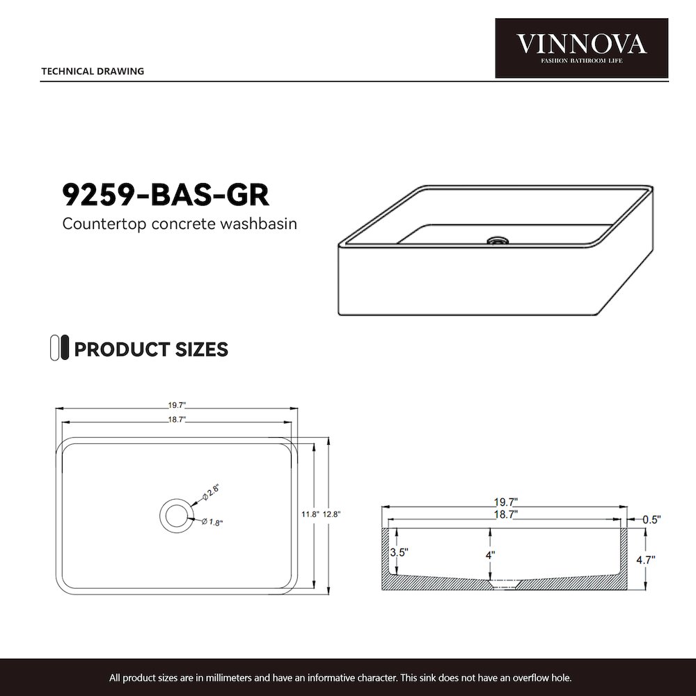 Vinnova Avila Grey Concrete Rectangular Vessel Bathroom Sink. Picture 8