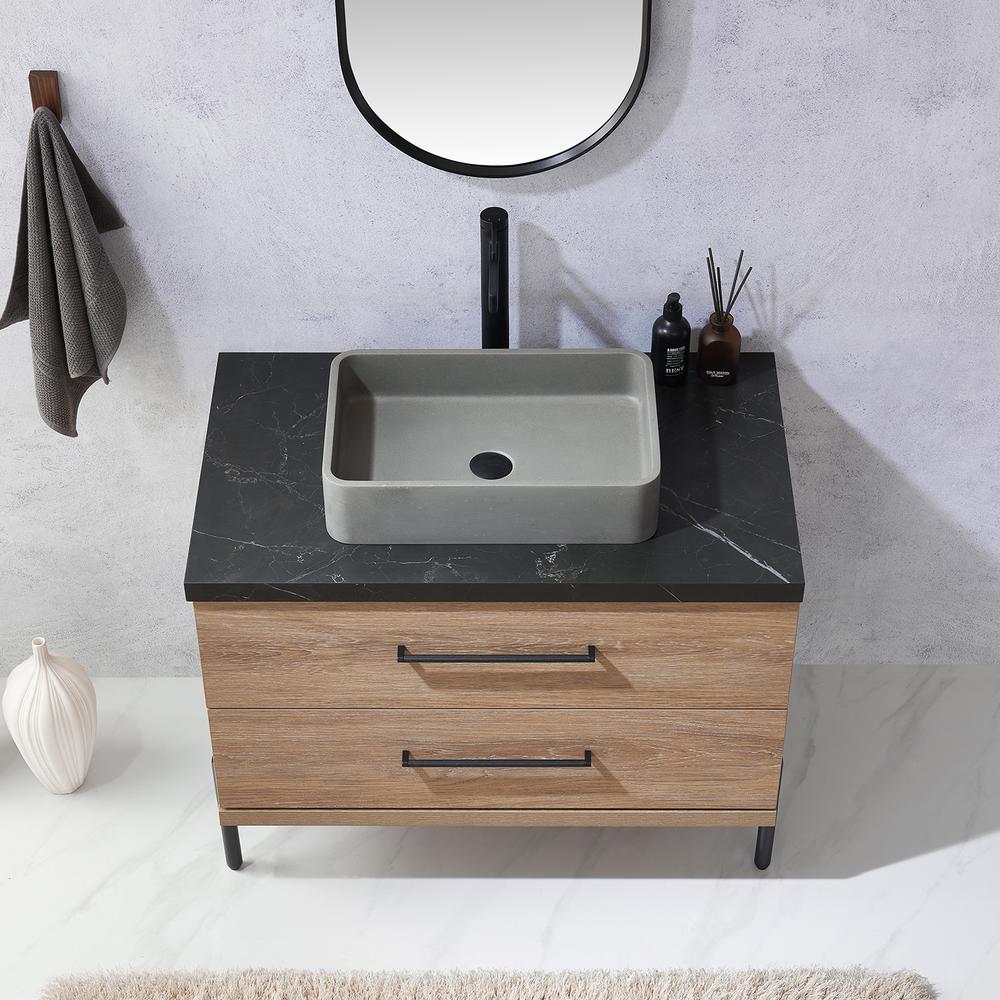 Single Sink Bath Vanity with Sintered Stone Top with Concrete Sink and Mirror. Picture 7
