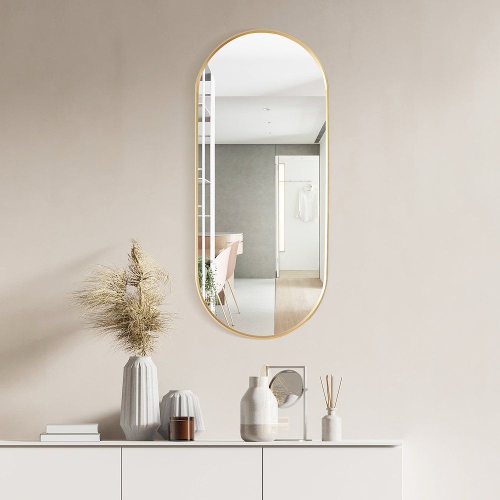 Oval Aluminum Framed Wall Mount Bathroom Vanity Mirror in Brushed Gold. Picture 4