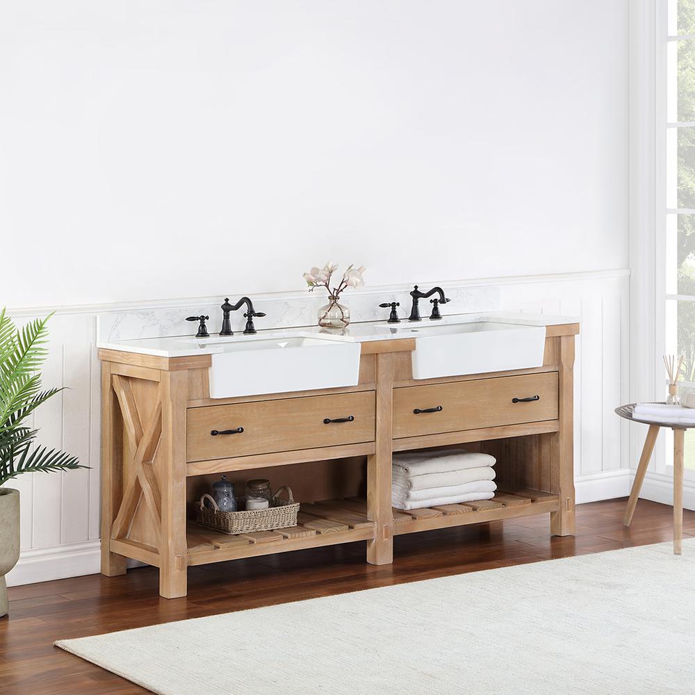 Double Bath Vanity with Composite Stone Top, White Farmhouse Basin. Picture 5