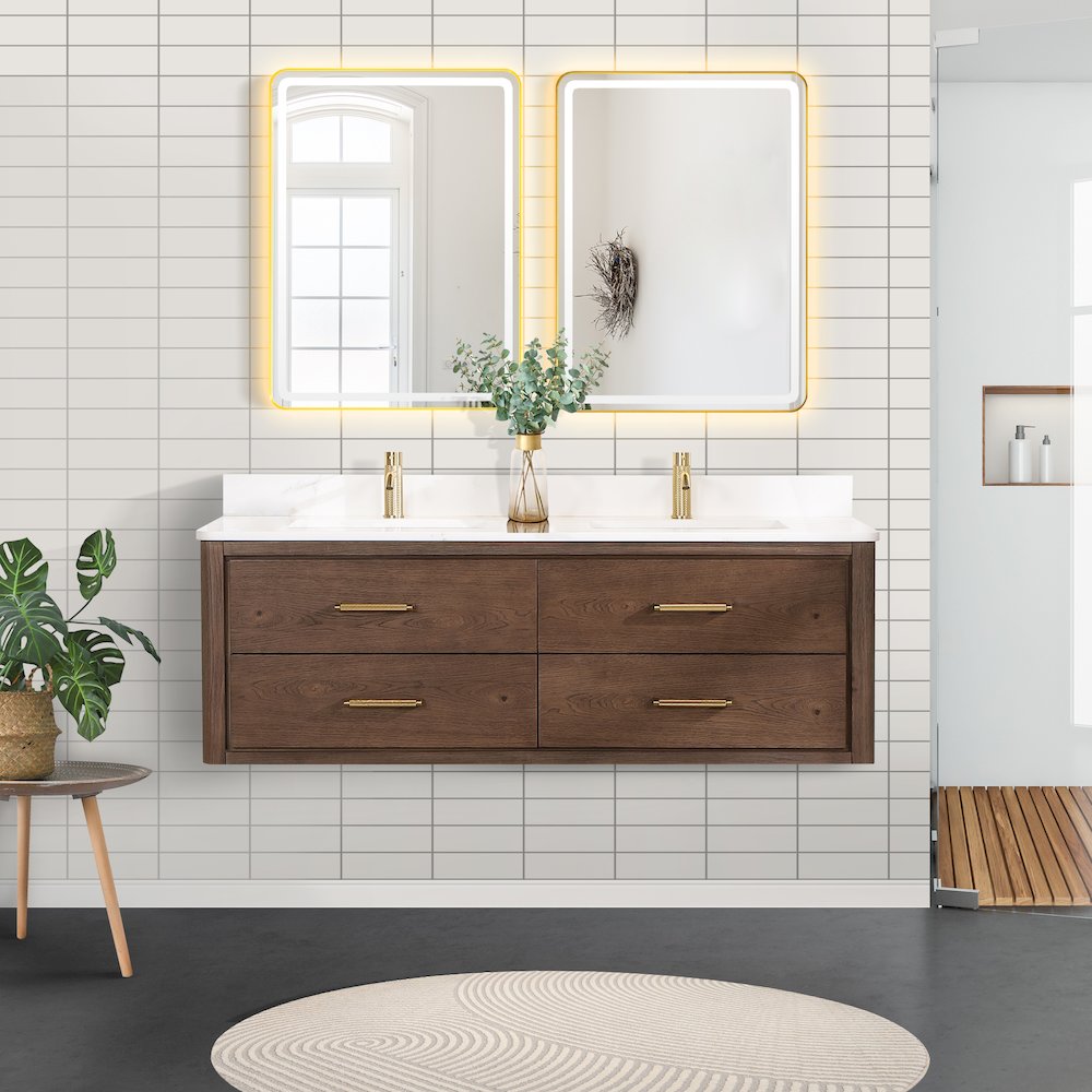 Cristo 60M" Floating Double Bath Vanity in Aged Dark Brown Oak. Picture 3