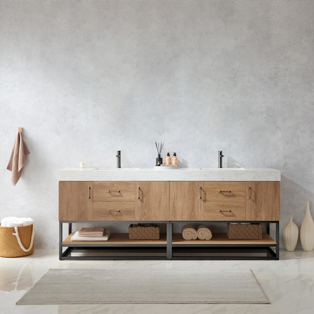 84B" Double Sink Bath Vanity with White Grain Stone Countertop. Picture 11